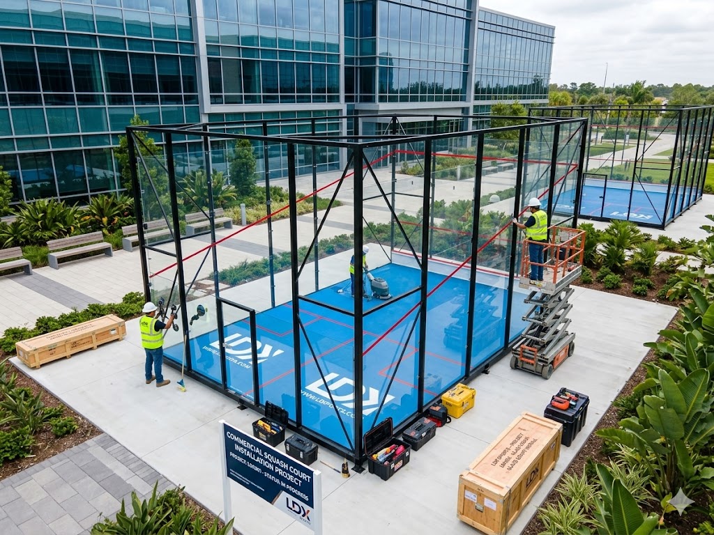 Commercial squash court installation project demonstrating complete turnkey solution including structure, flooring, and professional court setup for sports facilities.