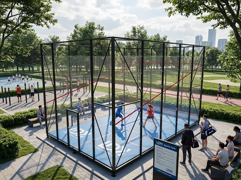 Glass squash court installed in a luxury resort environment, integrated with scenic surroundings to enhance guest recreational and sports experience.