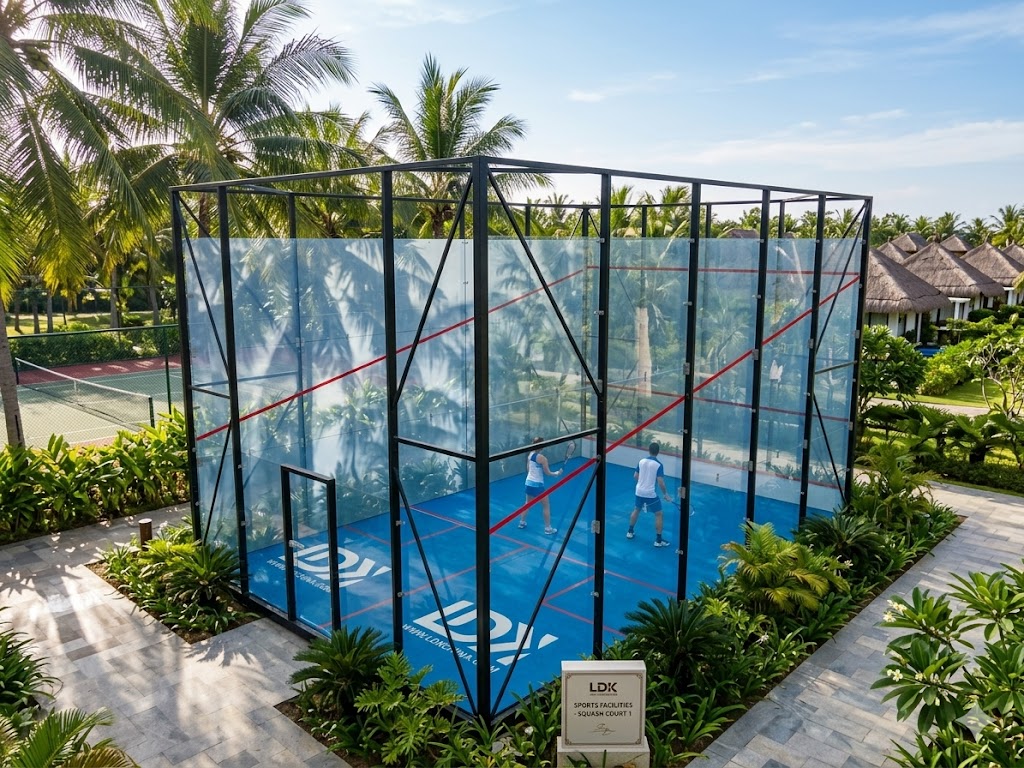 Modern glass squash court structure design showcasing reinforced steel framing and tempered glass panels for professional indoor and outdoor sports installations.