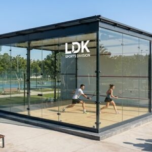Outdoor glass squash court commercial project featuring professional-grade structure designed for clubs, sports centers, and commercial facilities with high durability and visibility.