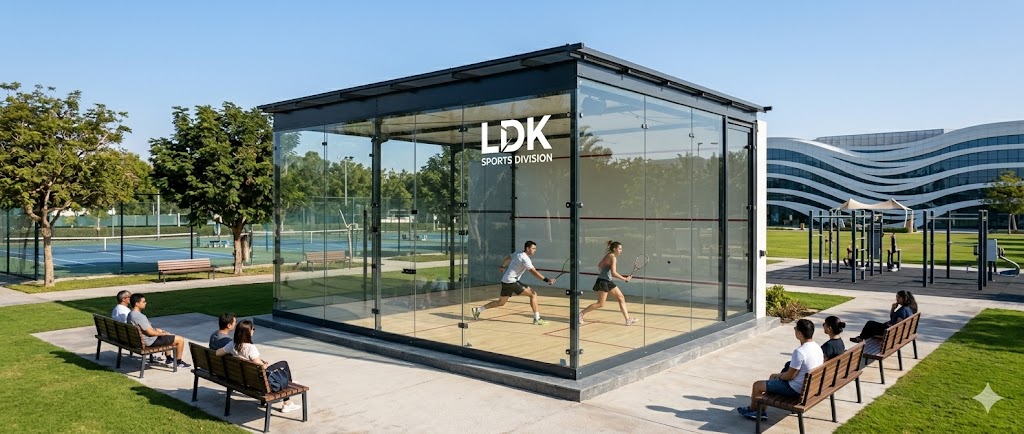 Outdoor glass squash court commercial project featuring professional-grade structure designed for clubs, sports centers, and commercial facilities with high durability and visibility.