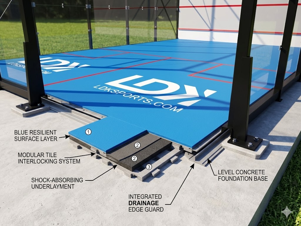 Outdoor squash court flooring system with anti-slip, weather-resistant surface designed for high-performance play and long-term durability in all climates.