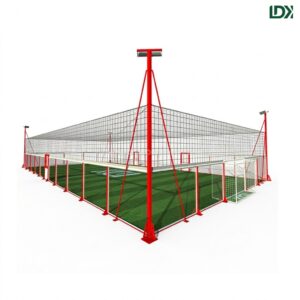 5v5 full glass football cage with red steel frame and protective top netting