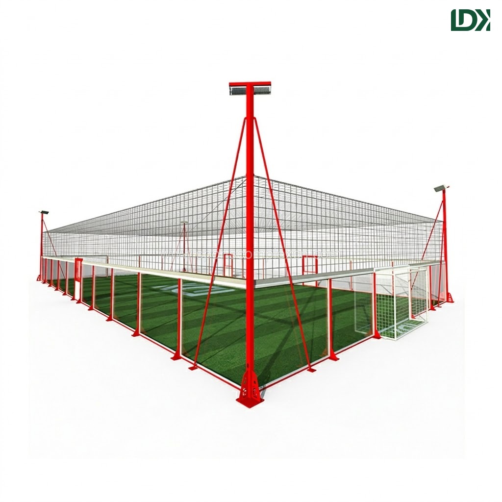 5v5 full glass football cage with red steel frame and protective top netting