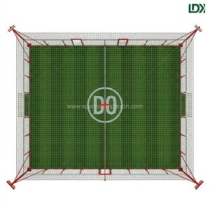 Aerial top view of a commercial glass football cage showing the green artificial turf pitch layout
