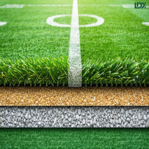 Cross-section view of premium football artificial grass showing yarn layers and durable backing
