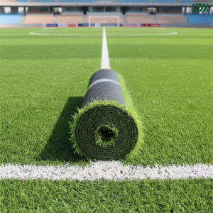 Unrolling artificial turf roll during an outdoor football field installation.