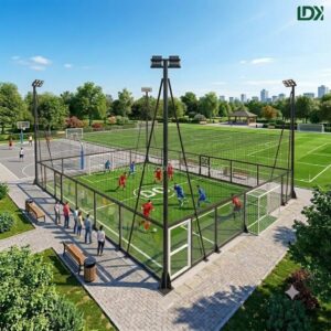 Outdoor 5v5 glass football cage installed in a park setting with players having a match