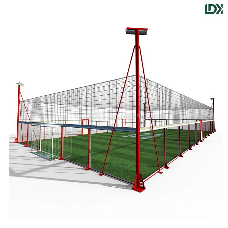 Panoramic glass soccer cage arena displaying transparent tempered glass rebounding walls