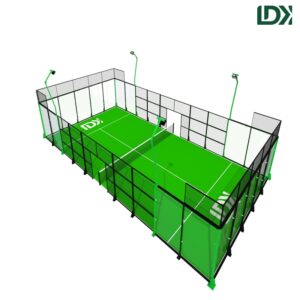 3D rendering of an LDK classic padel court with green artificial turf, steel mesh fencing, and lighting poles.