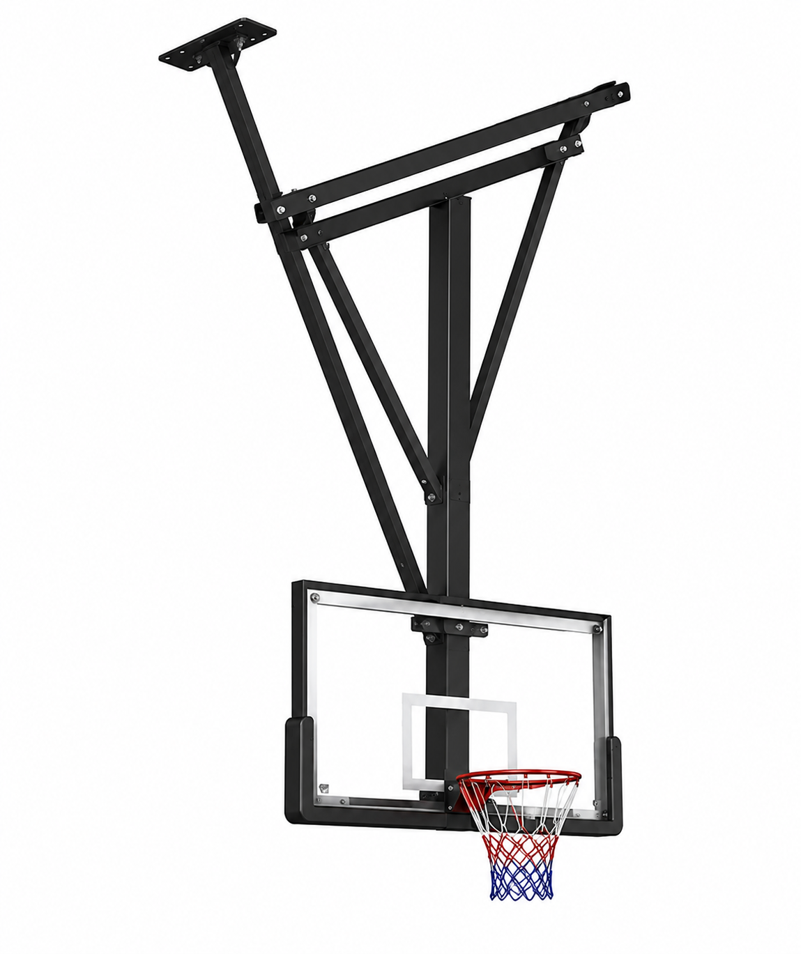 Heavy duty roof structure of the electric fold ceiling mounted basketball hoop.