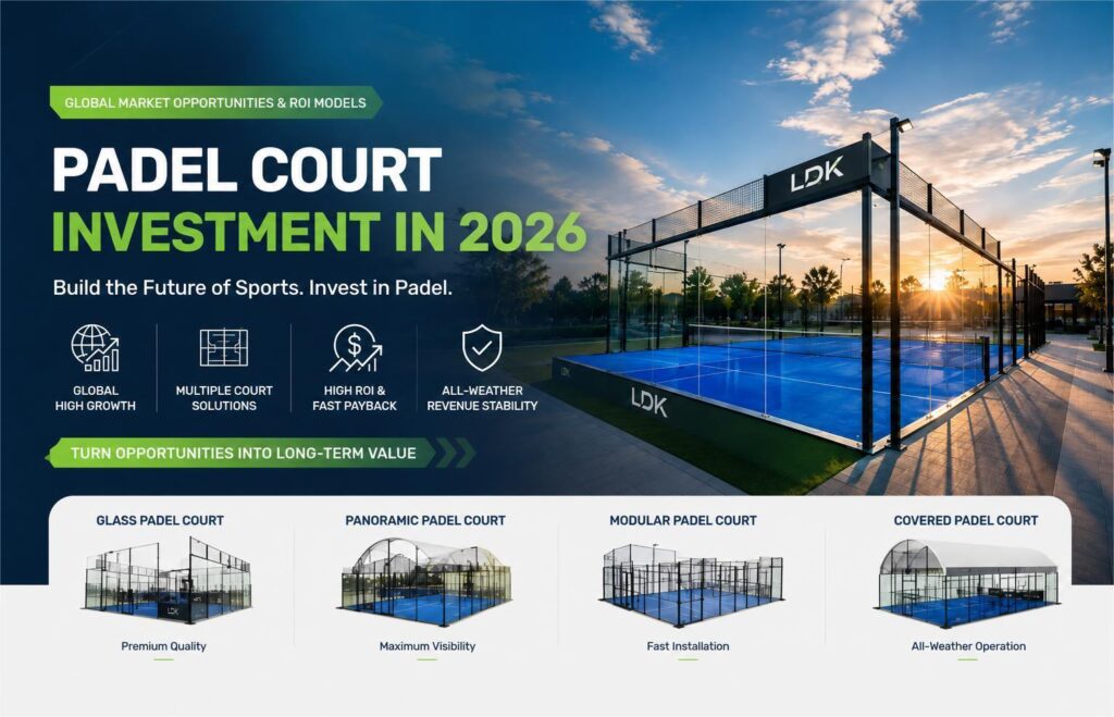 Global padel court investment opportunities in 2026 featuring glass panoramic modular and covered padel courts