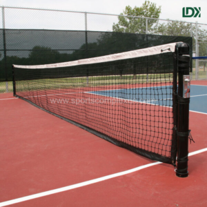 LDK inground pickleball net post with regulation HDPE net on red court