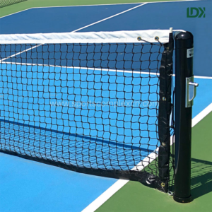 Close-up of LDK regulation pickleball net attached to heavy-duty post