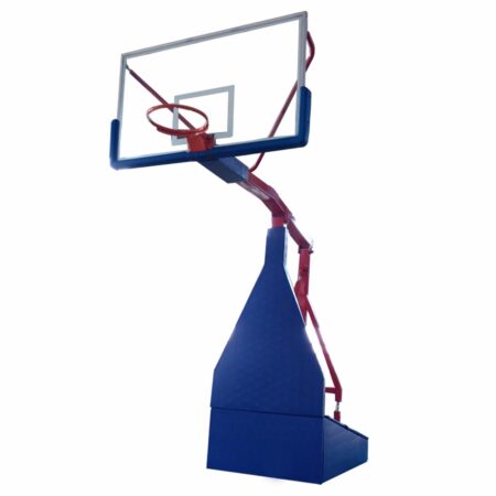 Portable adjustable basketball hoop fully extended for tournament games.