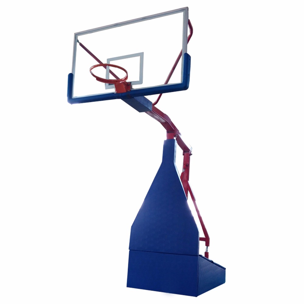 Portable adjustable basketball hoop fully extended for tournament games.