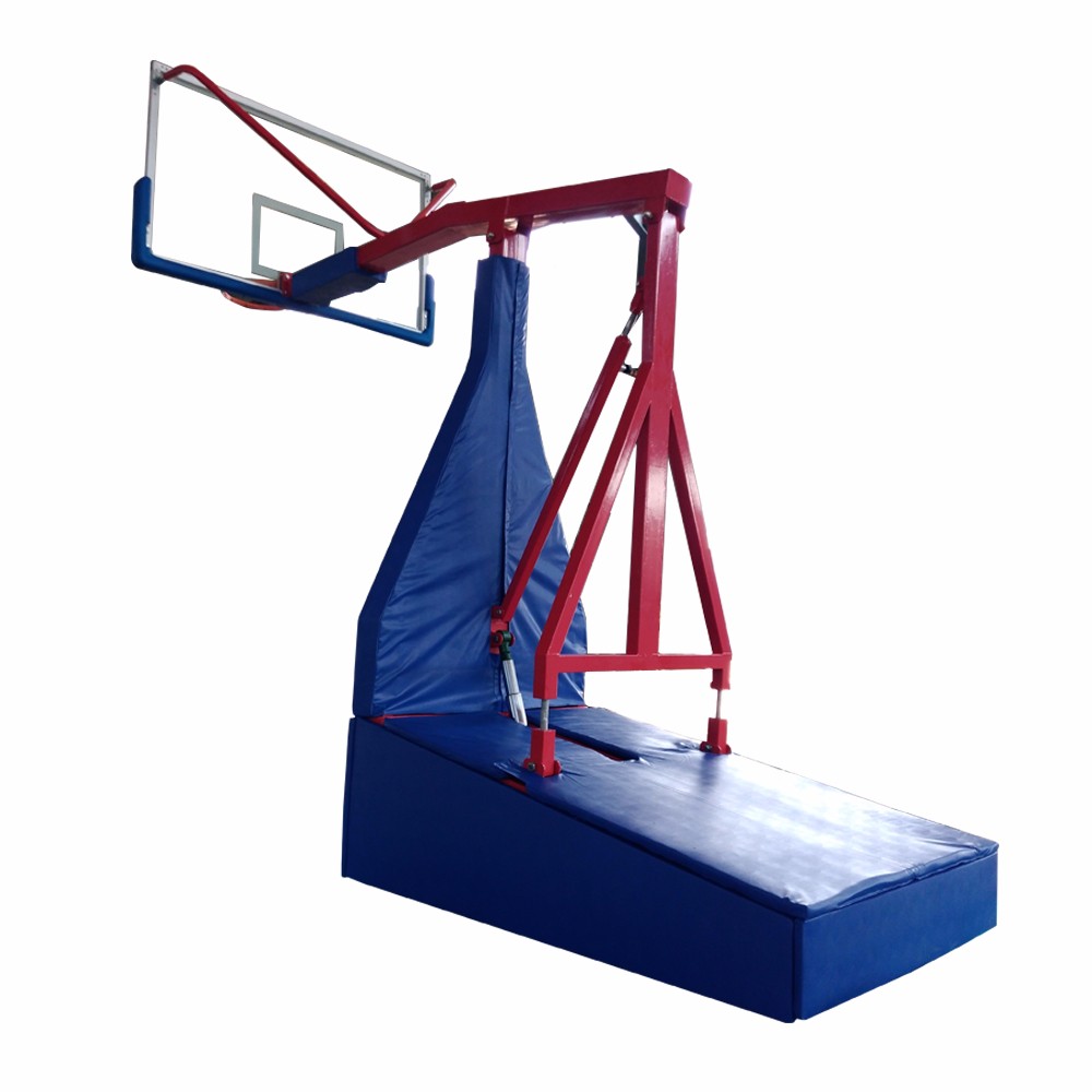 Heavy duty manual hydraulic adjustable basketball hoop partially folded for storage.