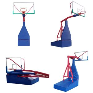Multiple views of mobile adjustable basketball hoop showing padding and folding options.