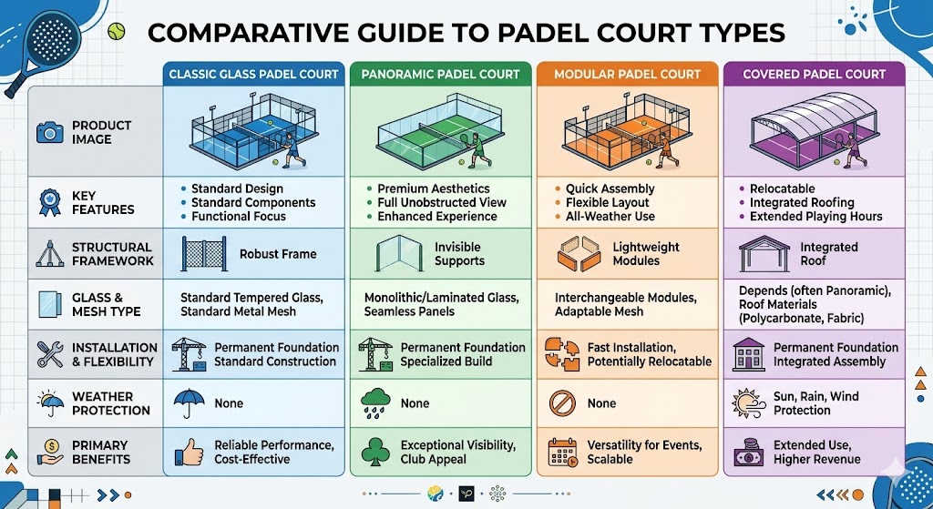Comparative guide showing glass panoramic modular and covered padel court types