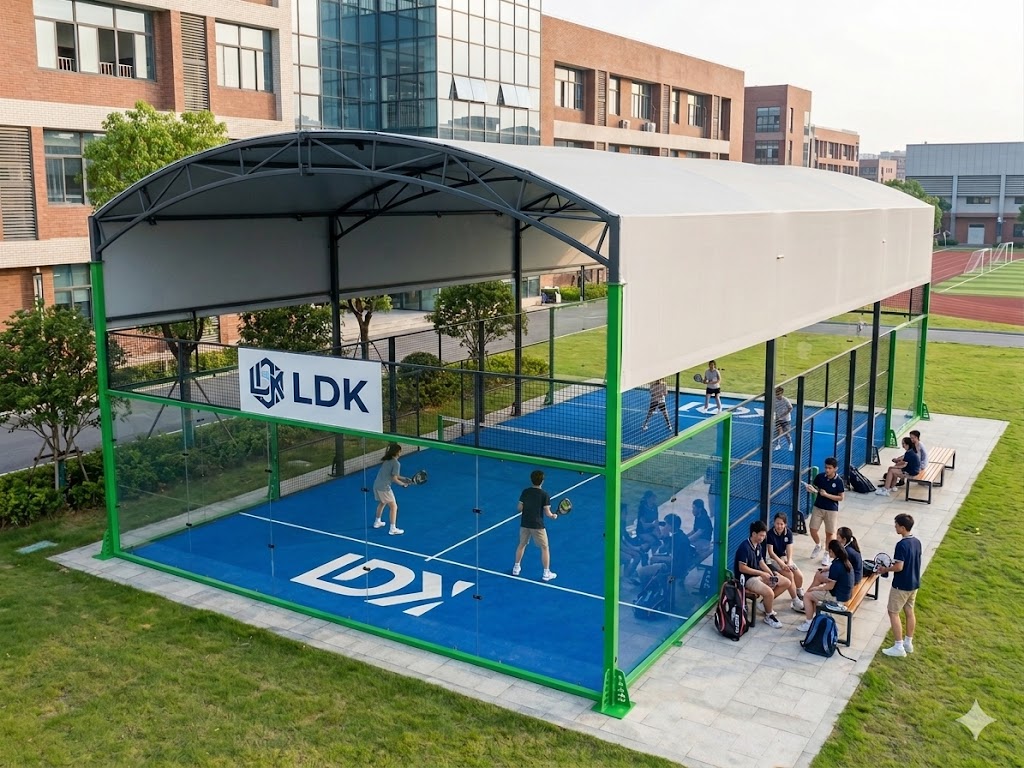Covered panoramic padel court designed for all weather commercial sports facilities