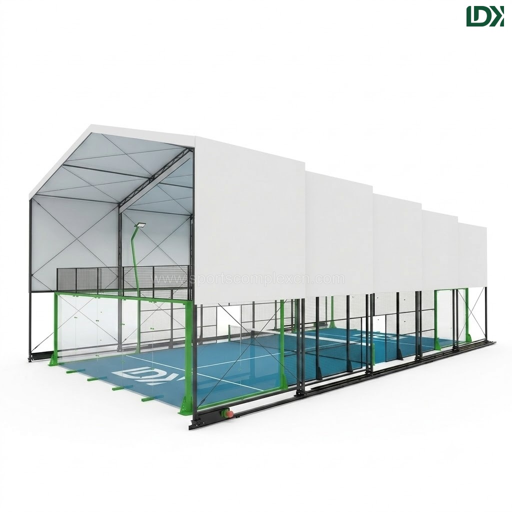 Electric retractable padel court roof with panoramic glass structure