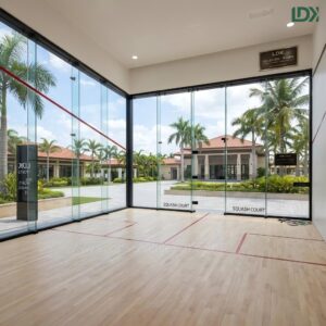 Interior view of outdoor glass squash court