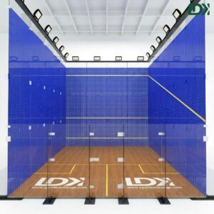 Interior view of LDK professional indoor glass squash court featuring premium sports wooden flooring with brand logo and impact-resistant glass walls.