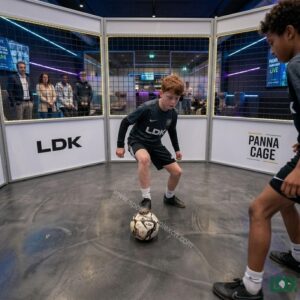 Two Boys Playing 1v1 Street Football Inside A Durable LDK Mini Soccer Cage At An Indoor Sports Event