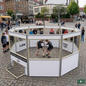 Portable LDK Mini Soccer Cage Set Up In A Public Square For Outdoor Community Football Events