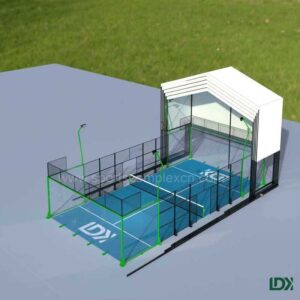 Motorized retractable roof for padel court in open position