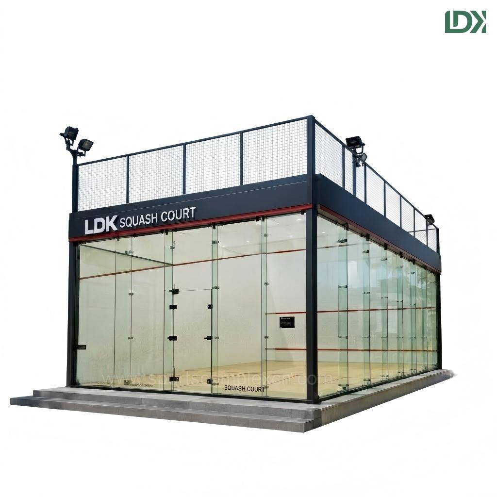 Outdoor panoramic glass squash court system