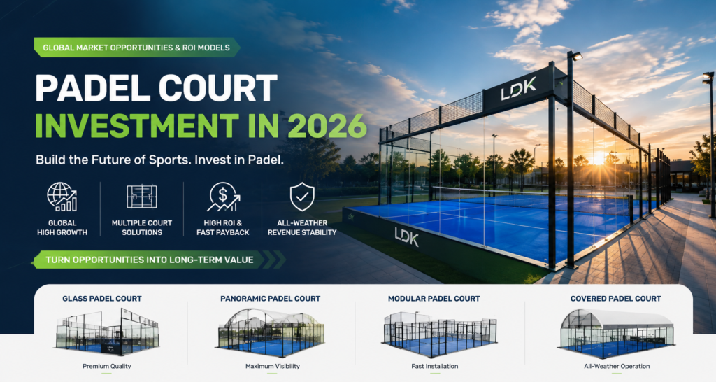 Global padel court investment opportunities in 2026 featuring glass panoramic modular and covered padel courts