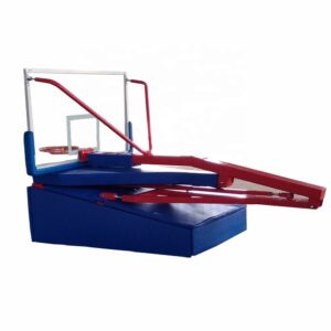 Fully folded adjustable basketball hoop system featuring compact transport mode.