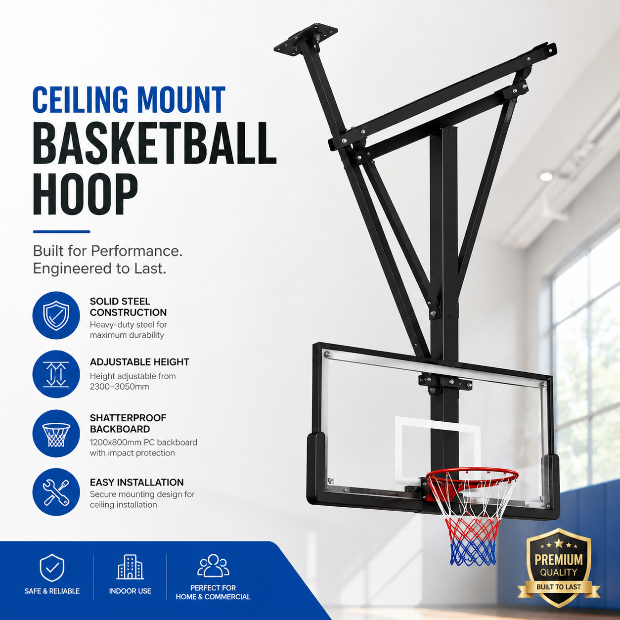LDK1045 electric folding ceiling mounted basketball hoop for indoor multi sport arenas.