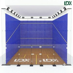 LDK panoramic glass squash court design showcasing durable blue back walls and an international standard professional sports flooring system.