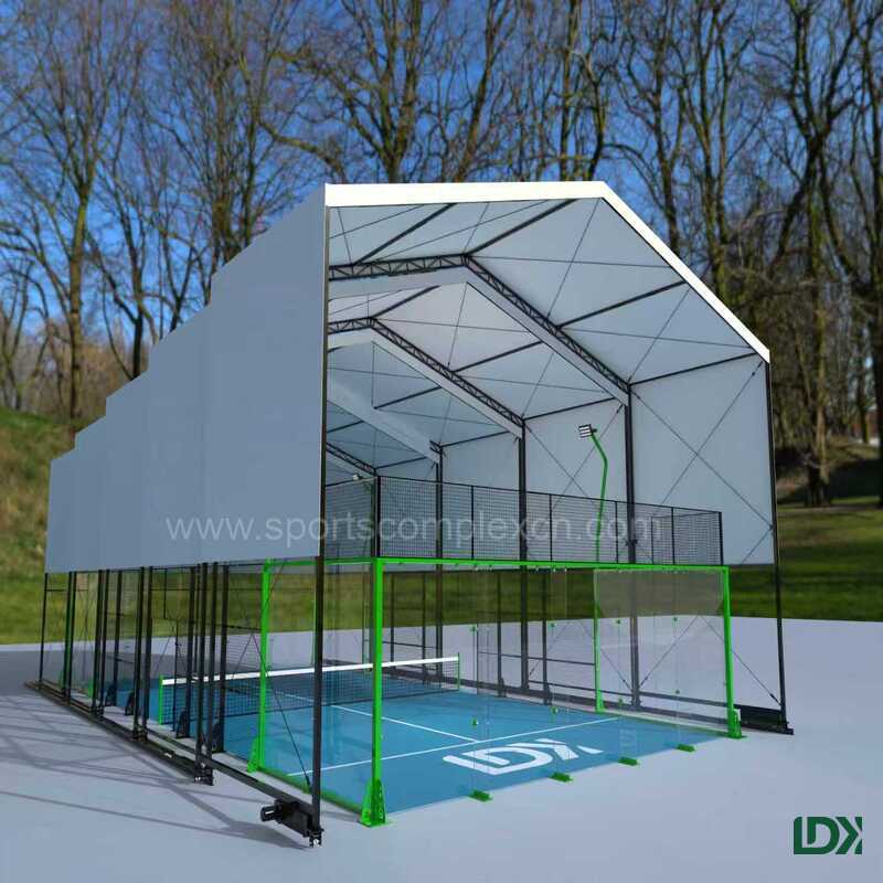 Closed retractable padel court cover for outdoor sports venue