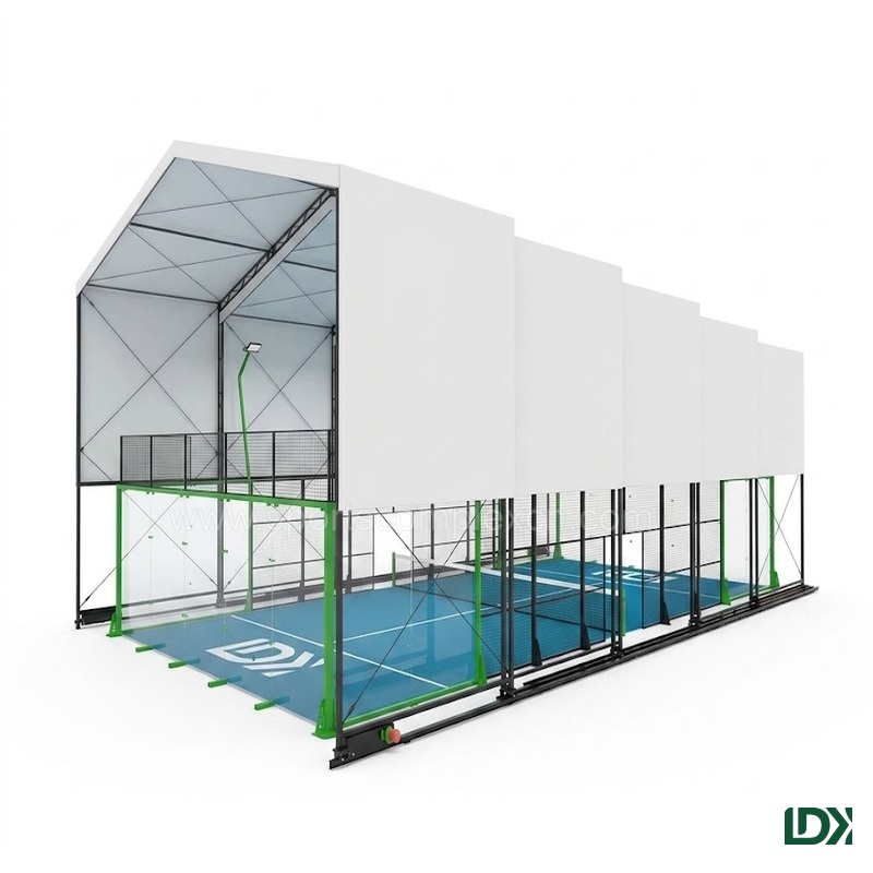 Electric retractable padel court roof with panoramic glass structure