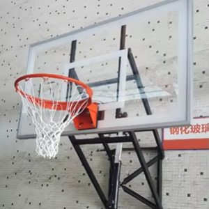 Clear floor court view showing space saving overhead roof mounted basketball hoop.