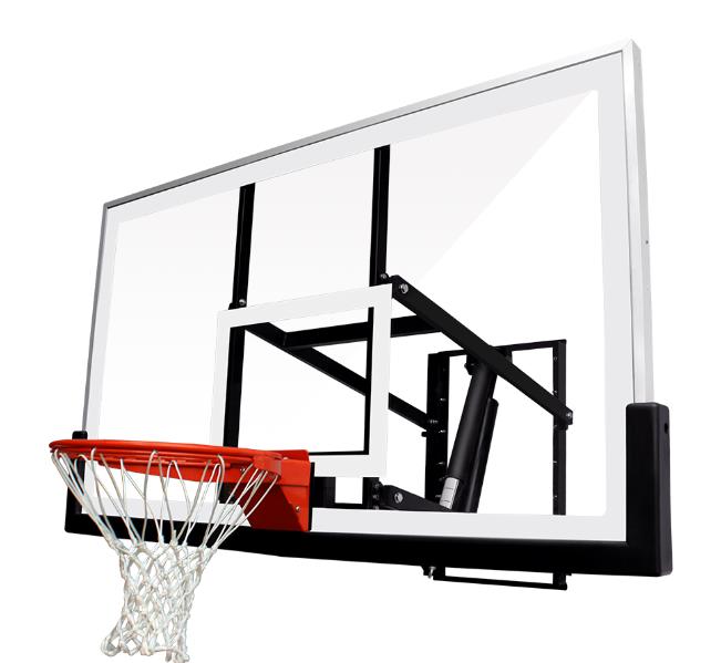Heavy duty steel frame of the wall mounted adjustable basketball hoop showing extension arm.