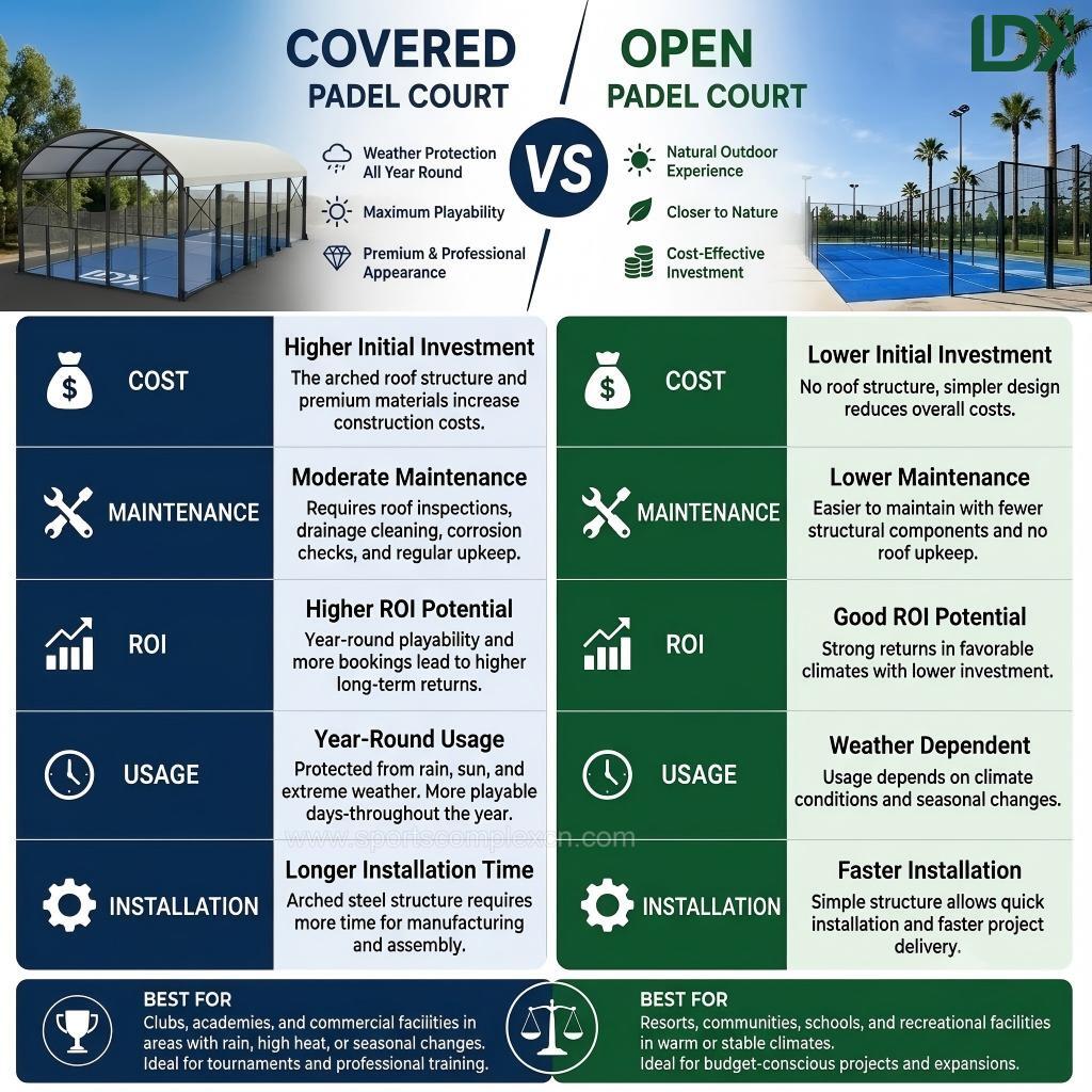 Infographic comparing the features, costs, and maintenance of covered padel courts versus open classic panoramic padel courts.