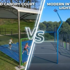 A side-by-side comparison of a covered canopy padel court and an outdoor court with modern integrated lighting.