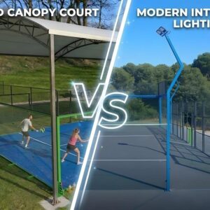 A side-by-side comparison of a covered canopy padel court and an outdoor court with modern integrated lighting.