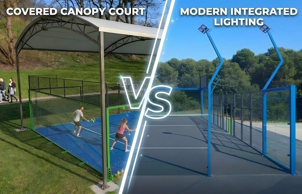 A side-by-side comparison of a covered canopy padel court and an outdoor court with modern integrated lighting.