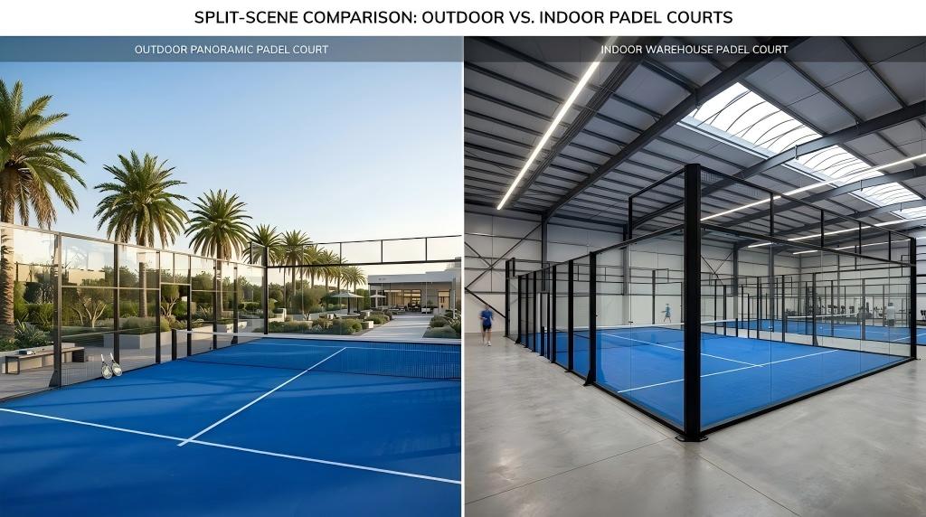 Comparison between indoor and outdoor panoramic padel court installations