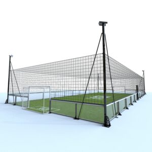 LDK enclosed soccer cage court with 1m height 12mm tempered glass wall, black steel frame and LED lighting post for outdoor sports venue