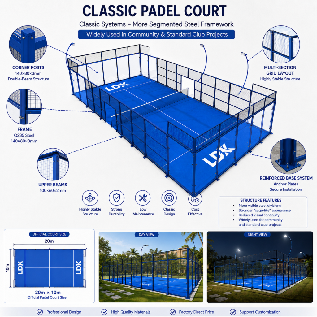 LDK classic glass padel court design with steel structure and mesh dimensions infographic.