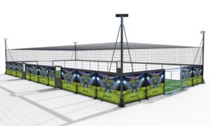 Side view of LDK outdoor cage football court with green decorative panels and full wire enclosure