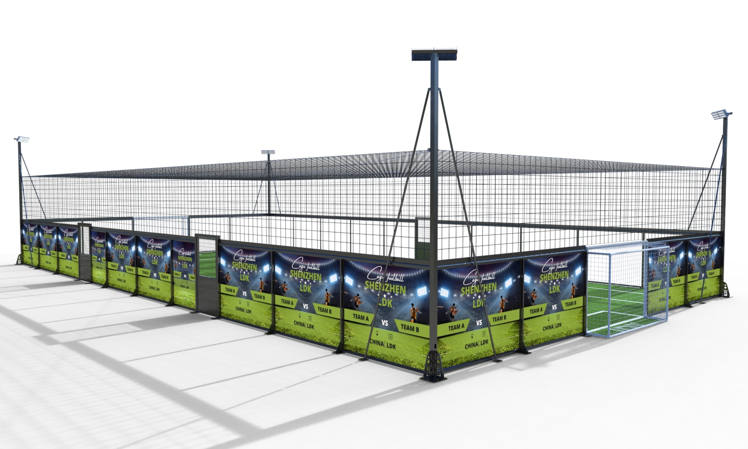 Side view of LDK outdoor cage football court with green decorative panels and full wire enclosure
