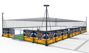 Wide panoramic shot of LDK full size cage football court with orange side panels and access gate