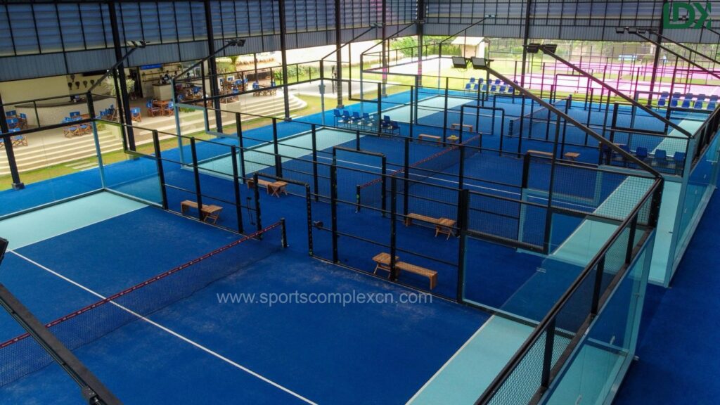 Professional LED lighting system installed on outdoor LDK glass padel courts.